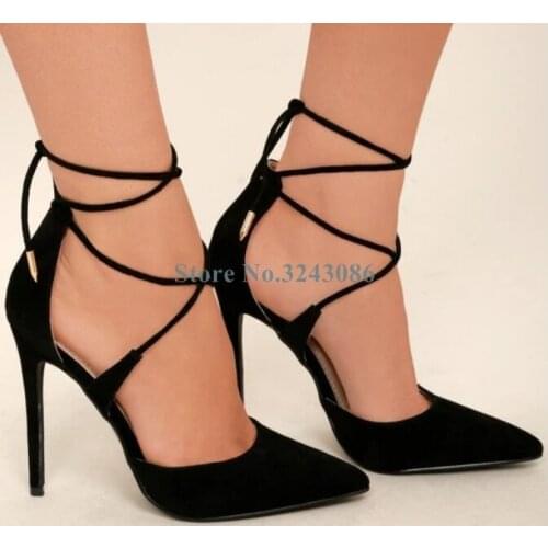 Pointed Toe Lace Up Thin High Heel Shoes Black Pink Gray Yellow Suede Cross Strap Pumps Casual Women Stiletto Heel Shoes New
