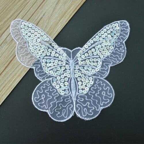 Embroidered sew on patches for clothes white lace butterfly sequins deal with it clothing DIY Motif Applique