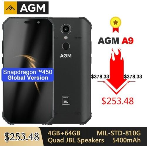 AGM A9 Rugged IP68 Waterproof Smartphone SDM450 5.99" FHD+ 4GB 64GB 5400mAh Quick Charge 3.0 Android 8.1 Quad-Box Speakers NFC