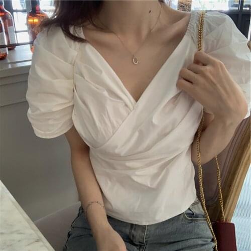 Summer White V Neck Puff Sleeve Pleated Blouse Women Short Japan Style Retro Tops Slim Sweet Pullovers Plaid Shirts Blusas