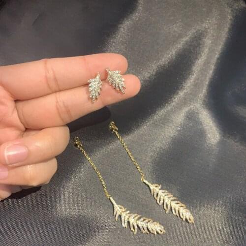 Bilincolor golden cz long leaf earring for women