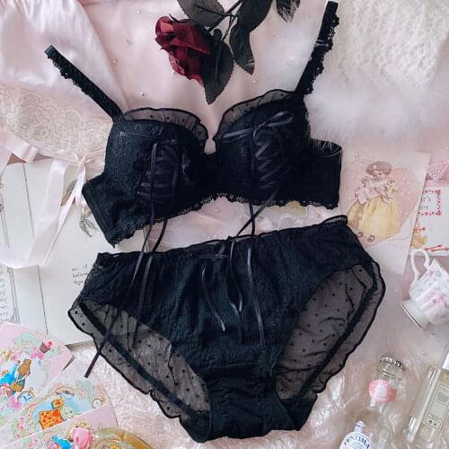 Womens Underwear Set Japanese Bra and Panty Set Kawaii Lignerie Lace Sweet Cute Bandage Bra Bralette Set Black White Pink 2021