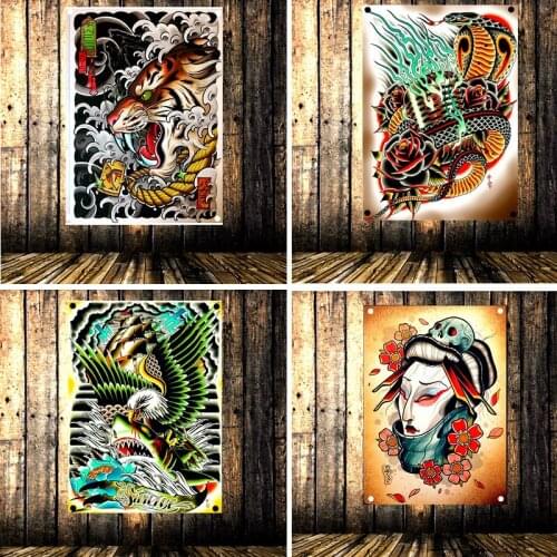 Retro Tattoo Poster Banner Flag Tapestry Wall Stickers Canvas Painting Wall Hanging Cloth Art Bar Cafe Barber Shop Home Decor R1