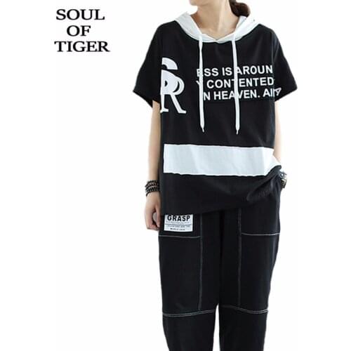 SOUL OF TIGER New Korean Luxury Designer Women Casual Loose Two Pieces Sets Ladies Hooded Tops And Elastic Harem Pants Plus Size