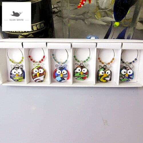 6pcs /set Festival Party Wine Glass Ring Table Decorations handmade Owl Figurine Wine Glass Charms Pendants Decoration Supplies