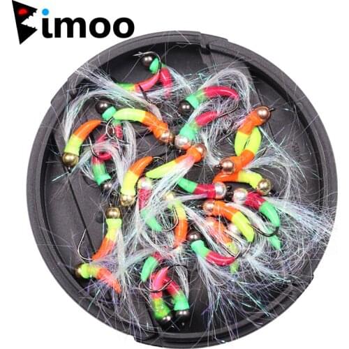 Bimoo 6PCS #8 Ice Fishing Pearl Nymph Bait Fluorescent Flashabou Tinsel Flies Tungsten Bead Rainbow Brook Trout Greyling Lures