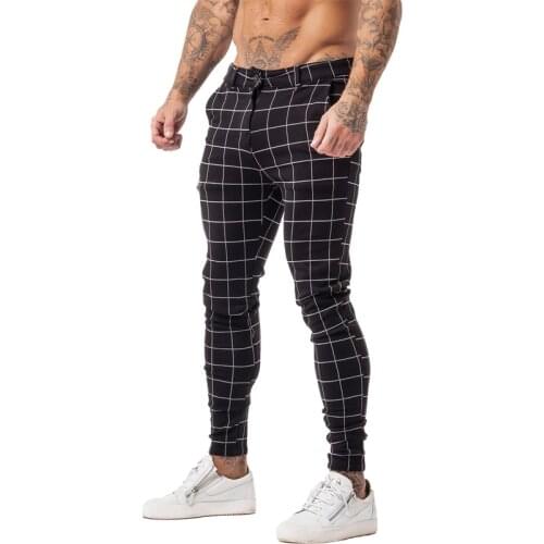 GINGTTO Men Skinny Chino Pants Autumn Winter Black Plaid Pants Skinny Pant Men High Waist DROPSHIPPING zm388