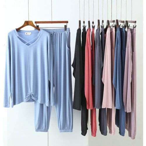 Womens Modal Sexy Pajamas Set Sleepwear Set Top Women Solid Pajama Set 2Piece/Suit Full Sleeves Shirt Pant Lingerie Mom Casual