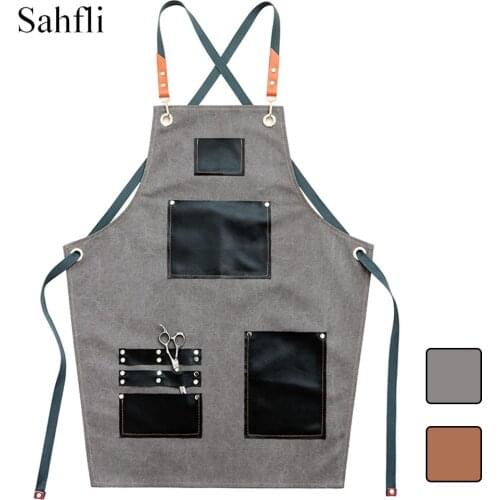 Double Mixed Color Simple Work Clothes Canvas Apron Double Shoulder Straps Back Lace Design Multi-pocket Waterproof Material