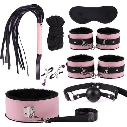 Plush Leather Erotic Sex Toys BDSM Bondage Kits Sex Handcuffs Nipple Clamps Whip Mouth Gag Bdsm Bondage Set Adults Game Sex Shop