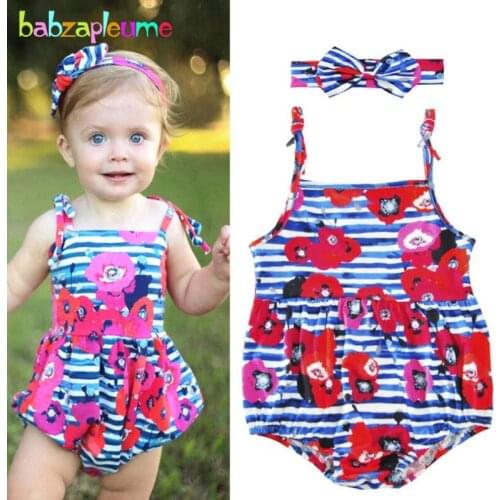 0-18M/Newborn girls jumpsuit 2017 Summer Sleeveless Flower Printed Baby Romper Headband Fashion Striped Kids Girl Clothes A224