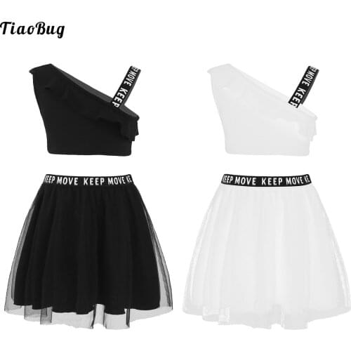 TiaoBug Summer 2Pcs Kids Girls Sports Suit Asymmetric Shoulder Single Strap Ruffle Trim Crop Tops And Letters Mesh Skirt Sets