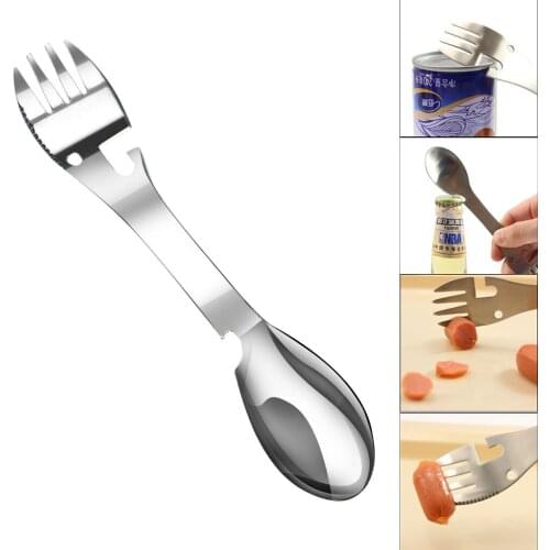 Multifunctional Outdoor Tools Stainless Steel Tableware Camping Cookware Spoon Fork Bottle Opener Portable Tool Safety Survival