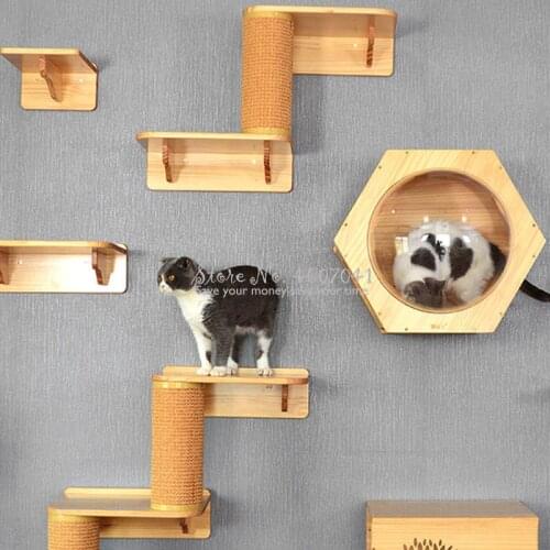 Cat Wall Mounted Wood Platform Kitten Jumping Platform Cat Climbing Scratching Frame DIY Pet Toy Cat Hanging House Wall Cat Nest