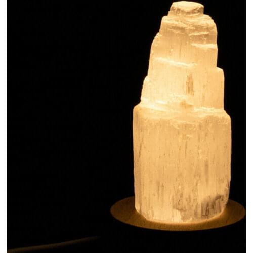Natural Selenite Gypsum Cylindrical Tower Spar Sculpture Ornament Healing Pendulum Crystal Home Decoration with USB Light Base