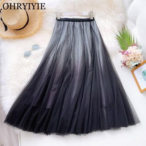 OHRYIYIE Green Blue Gradient Skirts Women 2020 Spring Summer High Waist Midi Pleated Skirt Ladies Slim Elegant Tutu Skirt Femme