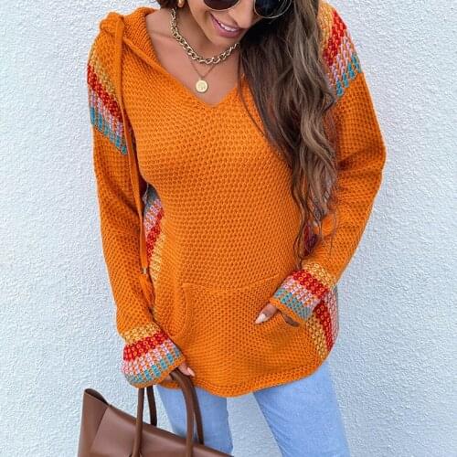 ZJZLL Hot Sale Autumn Winter Hooded Women Sweater European American Pocket Vertical Stripes Color Matching Knitted Top Coat