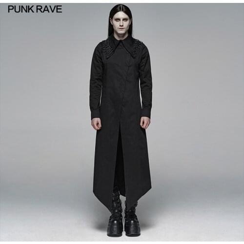 PUNK RAVE Mens Gothic Black Micro-elastic Twill Asymmetrical Collar Long Shirt Party Club Casual Personality Men Clothing