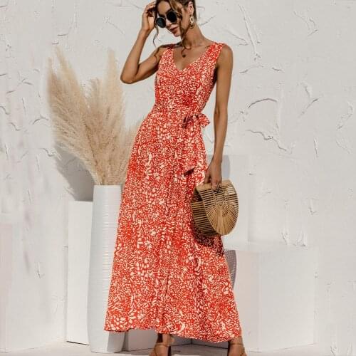 Women Summer Maxi Dress Fashion Print Cotton Long Party Club Woman Clothes Casual Loose Belt Sleeveless Beach Sundress 2021 New