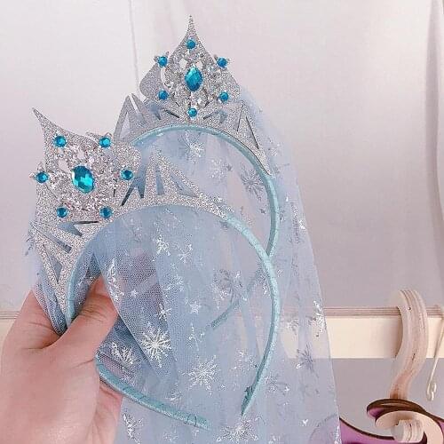 Cute Sweet Blue Rhinestone Crown Hairband Girls Snowflake Yarn Princess Headband for Children Fashion Headwear