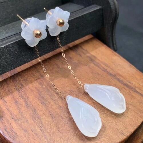 SHILOVEM 18k yellow gold real Natural white Jasper drop earring classic fine Jewelry women wedding gift plant 4.8cm myme001