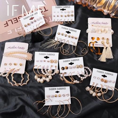 IF ME Fashion Circle Round Pearl Hoop Earrings Set For Women Vintage Bohemian Crystal Twisted Brincos Earring Jewelry 2020 New