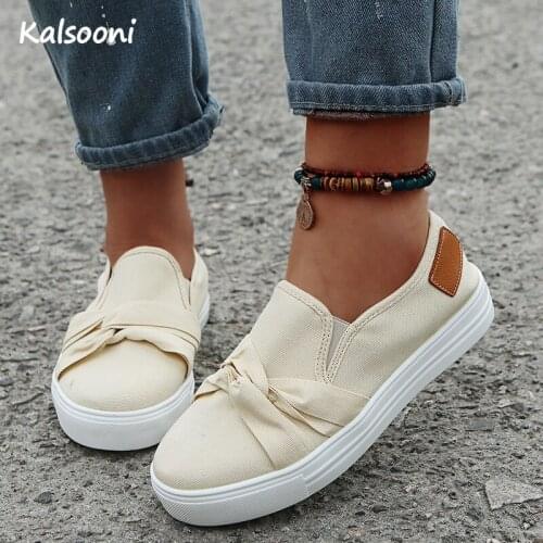 Kalsooni Women Shoes Thick sole Bow-knot Round toe Casual Lace-up Flat Sports Shoes Canavs