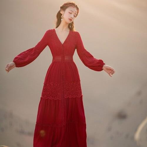 Women Red Dress 2021 Elegant Luxury Boho Beach Dresses For Large Size Lady Vintage Mori Girl Hollow Out Cotton Robe Vestido