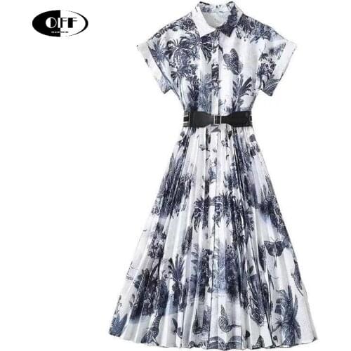 Summer Women Midi-long Dress Designer Short Sleeve Jungle Vintage Printed Ladies Party Beach Lady Pleated Shirt Dresses Vestidos