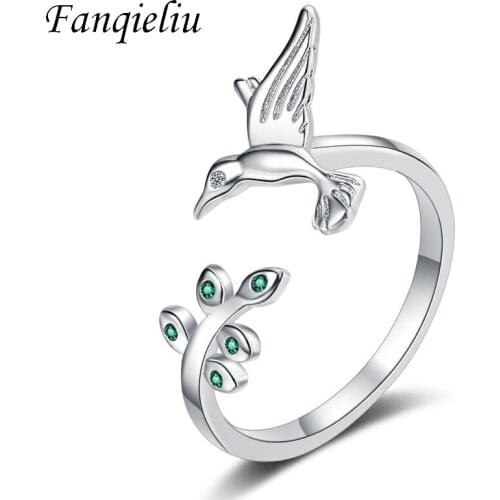 Fanqieliu Vintage Pland Bird Crystal Ring For Girl Free Size Real 925 Sterling SIlver Wedding Bands Women FQL21266