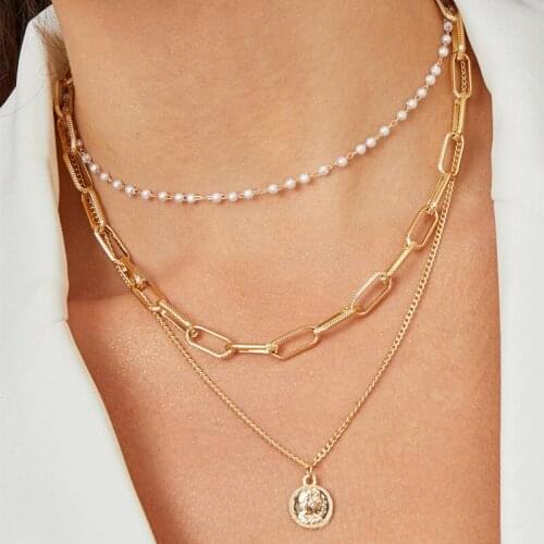 IF ME Vintage Muti Layered Necklace For Women Pearl Coin Statement Wide Chain Pendant Necklaces Collar Jewelry New