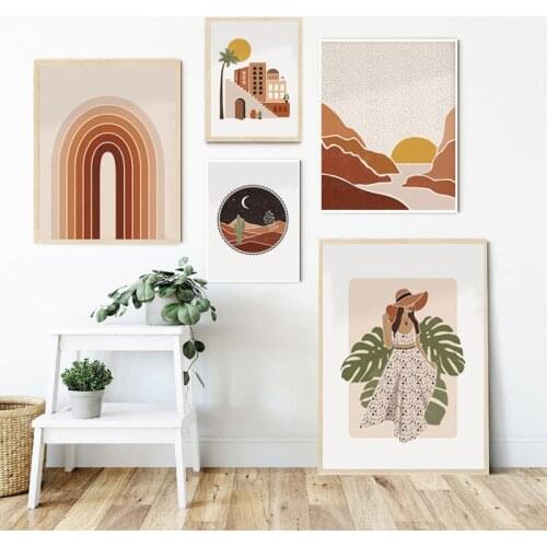 Abstract Girl Sunrise Geometric Leaf Plant Nordic Posters and Print Wall Art Canvas Painting for Living Room Decor