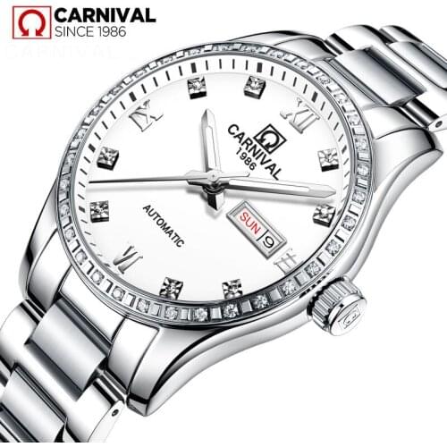 CARNIVAL Ladies Diamond Display Women Top Brand Luxury White Simple Stainless steel Case Sapphire Automatic Mechanical Watches