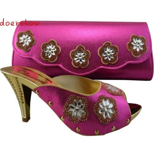DoershowFuchsia Latest European Style Rhinestone African Bride Shoes Match Bag Set Latest African Shoes Women and Bag Set ZX1-81