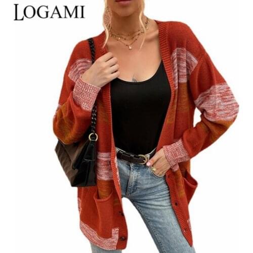 LOGAMI Deep V Neck Cardigan Women Color Block Sweaters Woman Pocket Loose Casual Cardigans