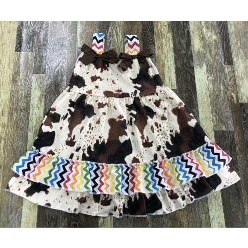 Hottest Selling Kids clothing summer Baby Girl Mont Cow Farm Cow Dress with Bow and Double Lace Dresses