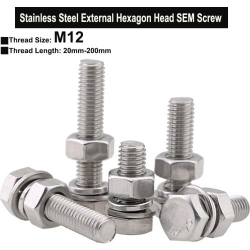 M12 SUS304 Stainless Steel External Hexagon Bolt Three Combination Screw Kit with Plain Washer Spring Washer and Nut