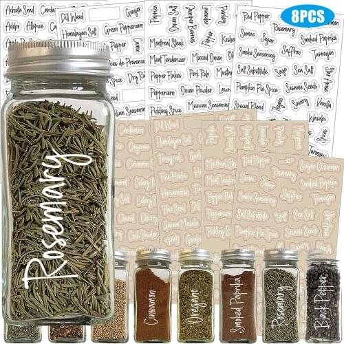 8pcs Reusable Spice Label For Pantry Mason Jars Printed Stickers Labels for wine bottle seasoning bottle sticker Pen Spice Jars