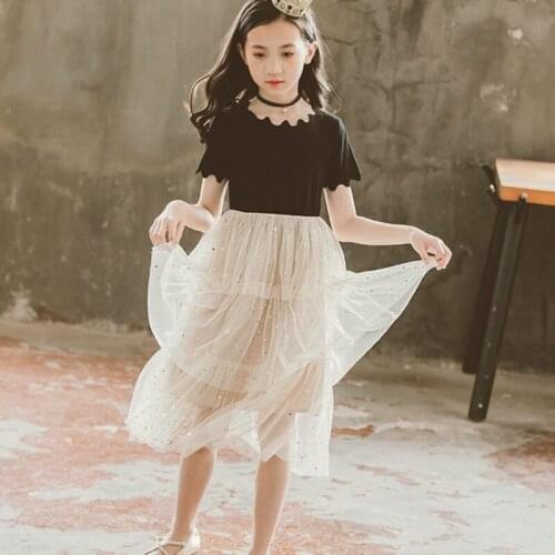 Layered Mesh Patchwork Teen Girl Summer Dresses Kids Clothes 2019 Black Party Long Girl Dress Big Kids Clothes New