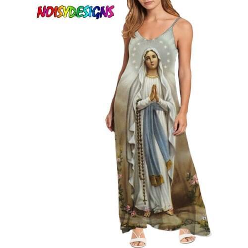 NOISYDESIGNS Virgin Mary Printed Fashion Sexy Backless Long Dresses Sleeveless Party Holiday Spaghetti Strap Sundress Wholesales