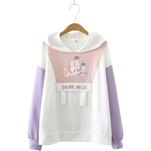Mori Girl Style Autumn Childlike Print Contrasting Color Hooded Cotton Sweatshirt Womens Patchwork Hoodie 2011297
