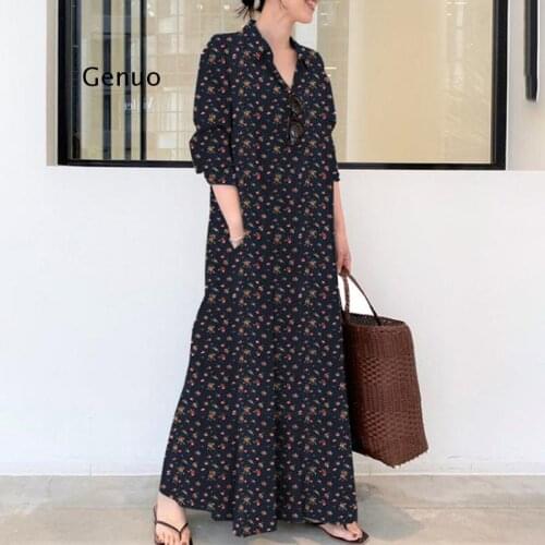Plus Size House Dress Women 2021 Fashion Floral Print Long Sleeve Casual Dress Pocets Loose Smocked Maxi Long Dresses