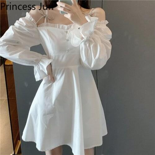 French Retro 40s50s Little Black White Dress Sexy Chic Slash Neck A Line Mini Dress Long Flare Sleeve Cold Shoulder Party Dress
