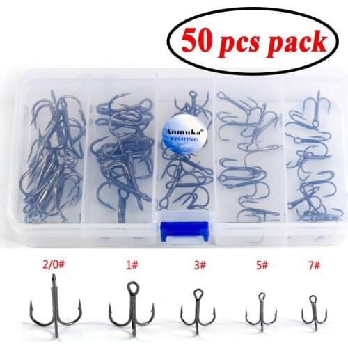 50pcs/box Fishing Treble Hook Barbed Lure Bait Hooks Sharpened High-carbon Steel Treble Hook #2/0 #1#3 #5 #7