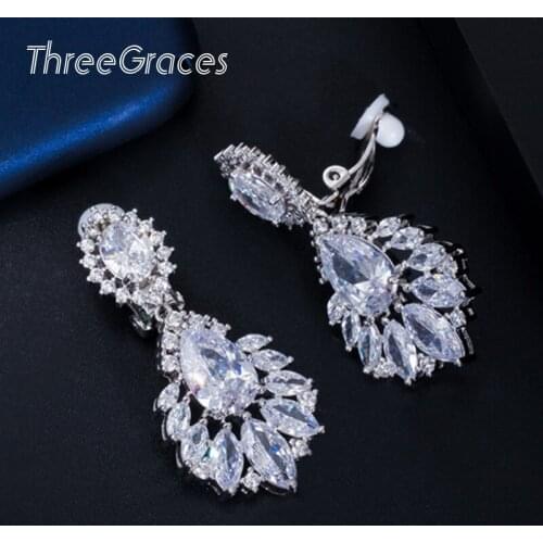 ThreeGraces Non Pierced Design Cubic Zirconia Crystal Long Drop No Hole Ear Clips On Earrings for Women Wedding Party EJ0005