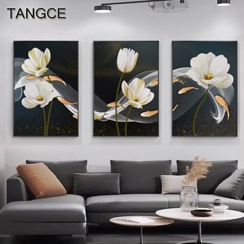 Scandinavian White Flowers Canvas Painting Golden Fish Wall Art Picture Modern Minimalism Posters N Prints for Living Room Decor