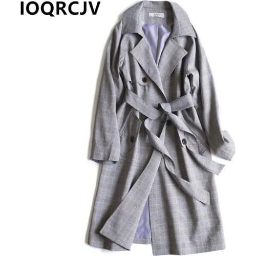 2019 Spring Autumn Fashion Women Trench Coat Long Sleeve Casual Plaid Windbreaker Female Double-breasted Vintage Outwear R909