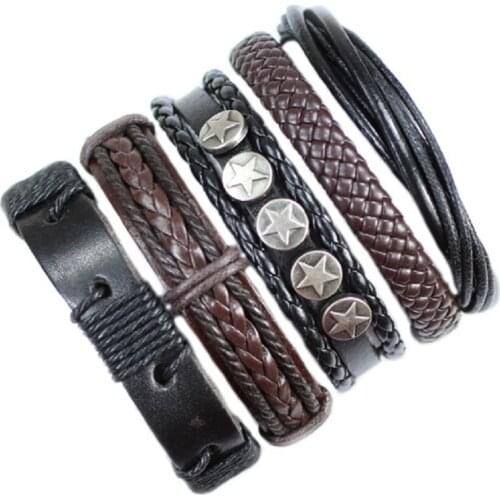 ZotatBele Handmade Vintage 5pcs/Set Ethnic Tribal Genuine Bracelet Wrap Charming Male Pulsera Star Braided Leather Bracelet F35