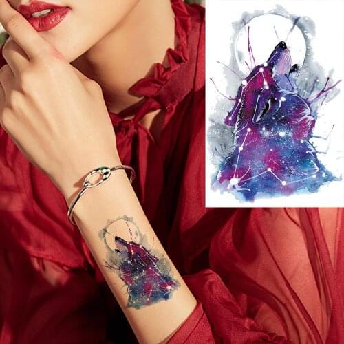 Flash Watercolor Moon Roar Wolf Fox Animals Temporary Tattoo Stickers Women Wrist Arm Art Tattoos Custom Self Adhesive Tatoos