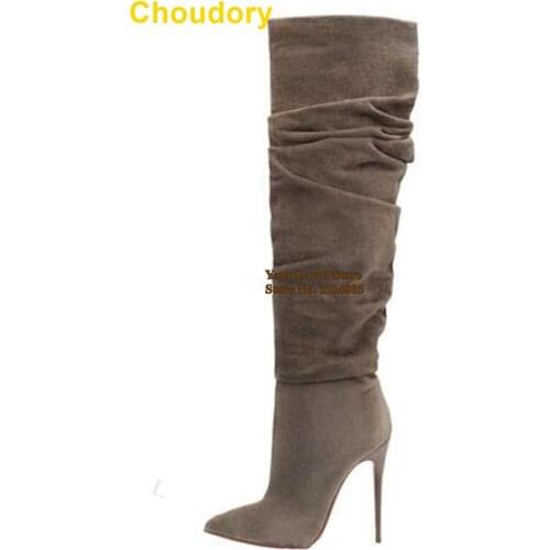 Choudory Suede Folded Over The Knee Boots Thin High Heels Pointed Toe Long Boots Loose Gladiator Dress Tall Boots Shoes Dropship